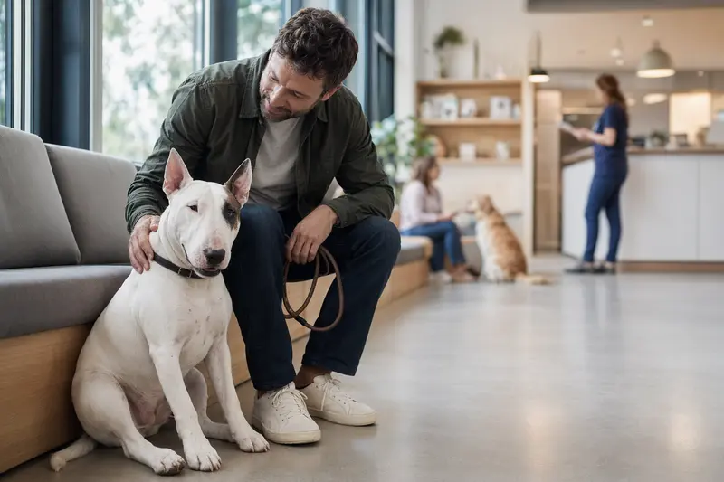 Ein English Bull Terrier sitzt ruhig neben seinem Besitzer im hellen Wartezimmer einer modernen Tierarztpraxis.